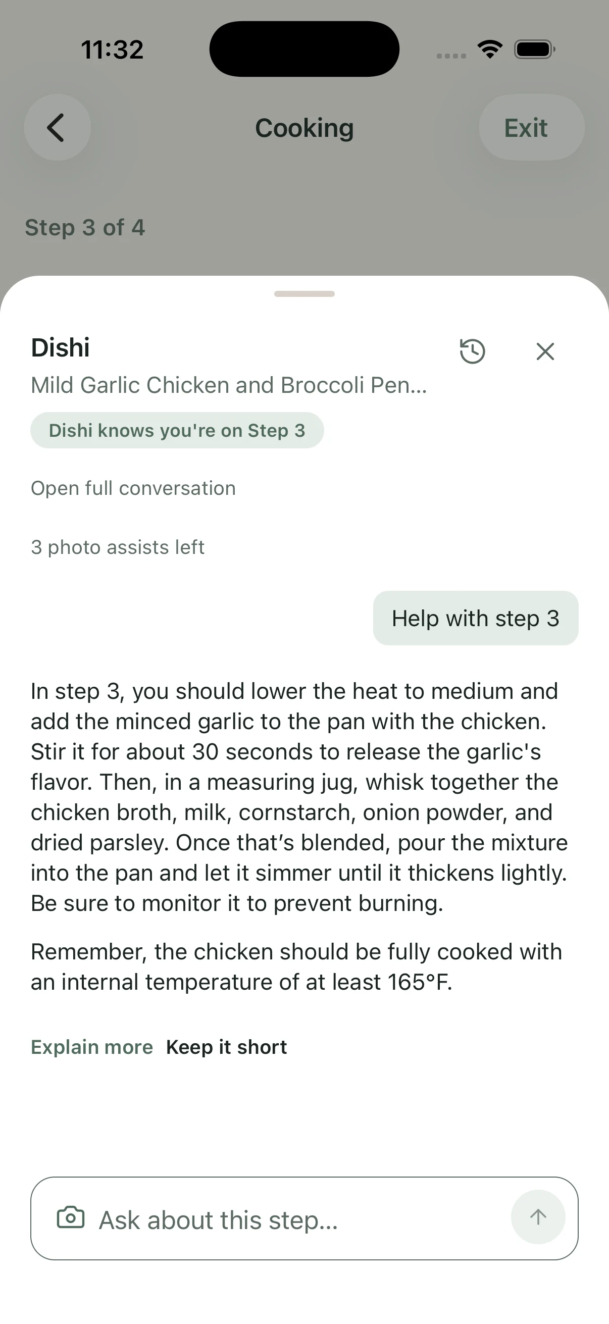 Ask Dishi and Photo Cooking Rescue during a Guided Cooking step.