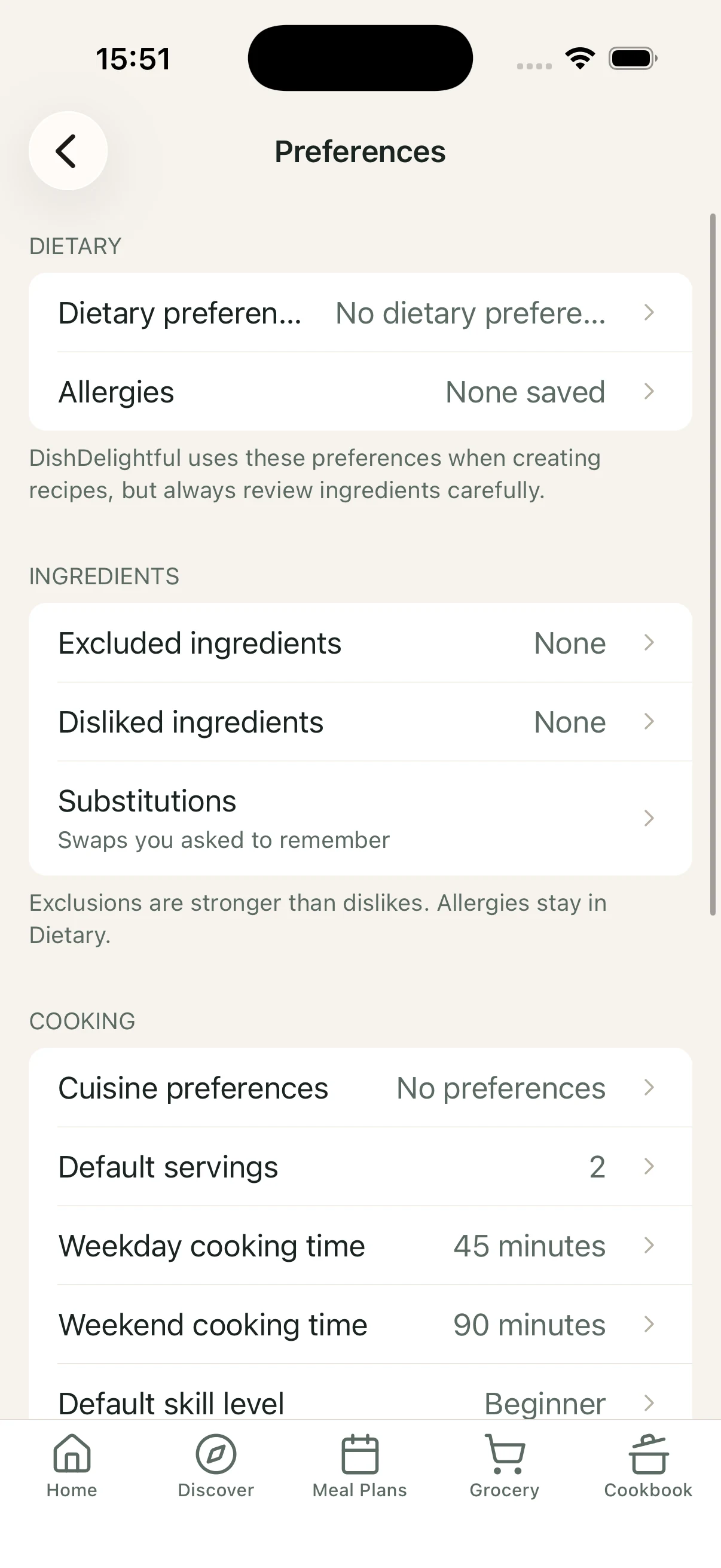 DishDelightful Preferences screen for dietary needs, cuisines, and ingredient choices.
